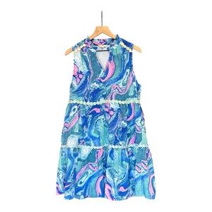 Entro Sleeveless V-Neck Ribbon Detail Tiered Swirl Pattern Dress Size Large